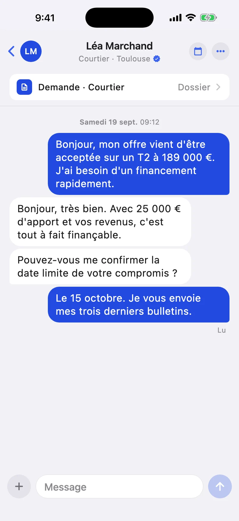 Dans l'app, la conversation avec Léa Marchand, courtière vérifiée à Toulouse, au sujet d'un T2 à 189 000 euros.