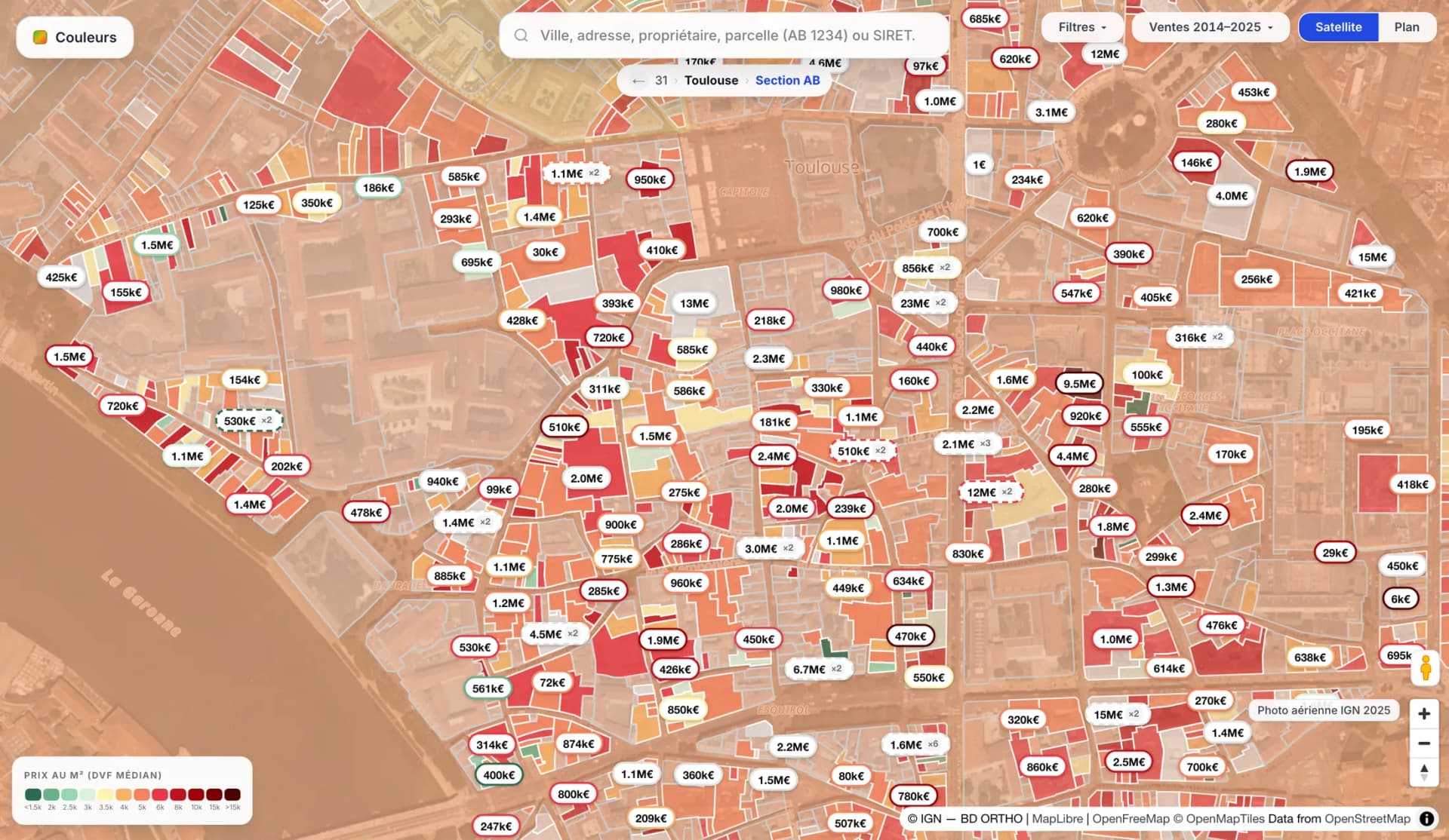 La carte des prix à Toulouse : chaque parcelle colorée selon le prix au mètre carré, avec le montant de ses ventes.