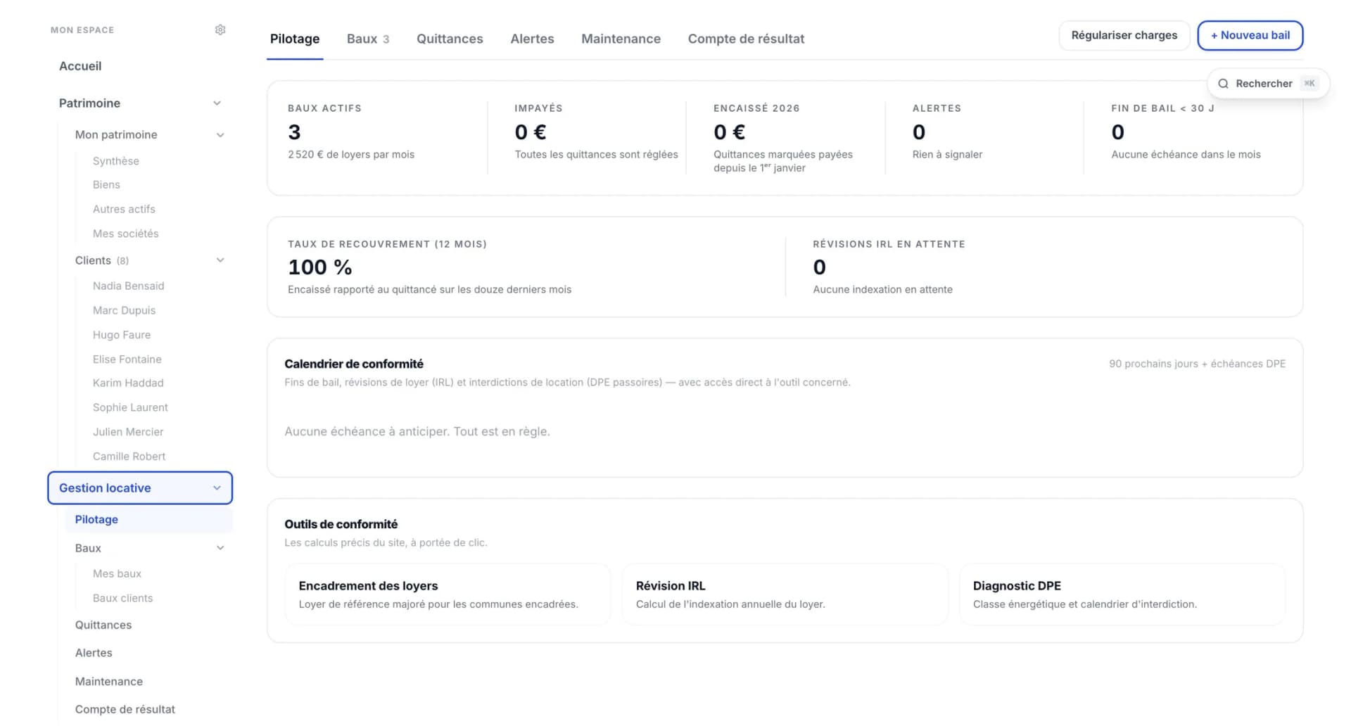 Le pilotage de la gestion locative : baux actifs, impayés, encaissements, alertes et calendrier de conformité.