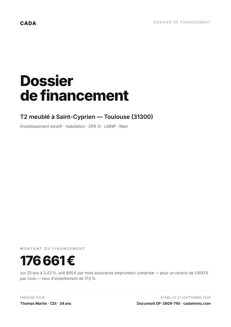 Couverture du dossier de financement d'exemple : T2 meublé à Toulouse, 176 661 euros sur 25 ans à 3,43 %.