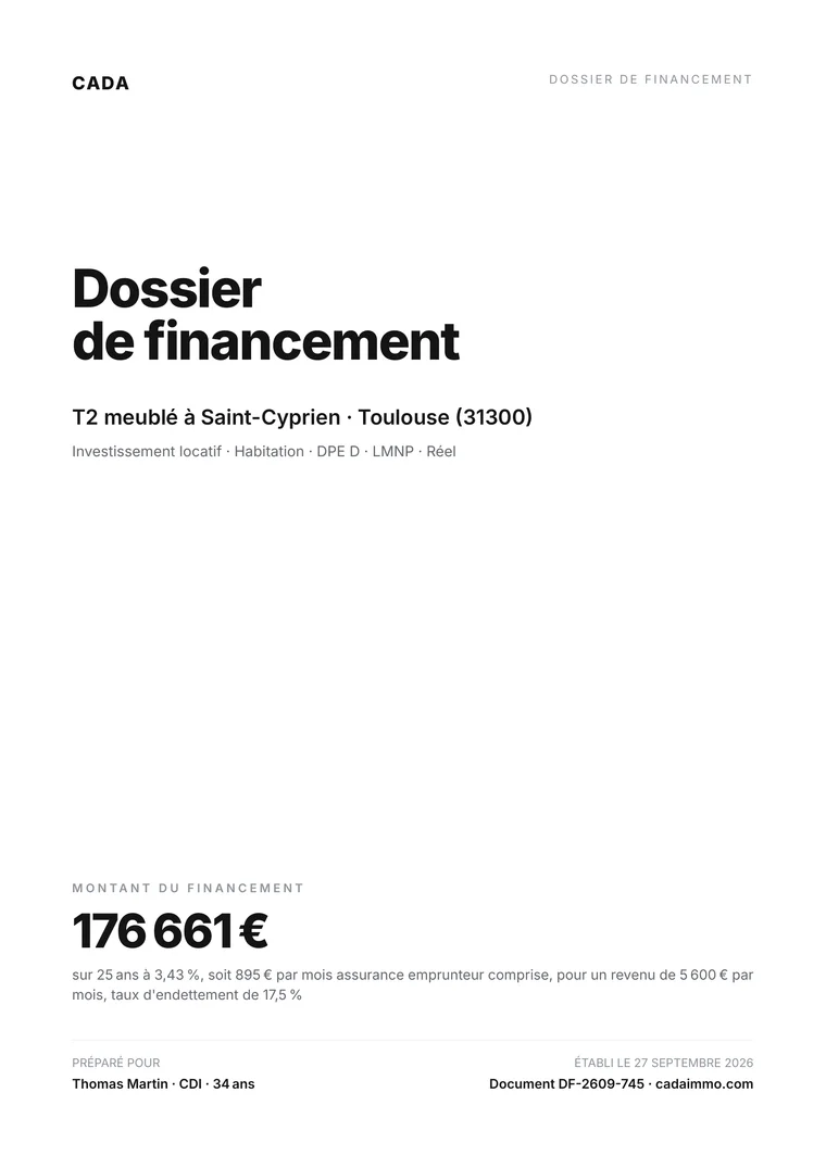 Couverture du dossier de financement d'exemple : T2 meublé à Toulouse, 176 661 euros sur 25 ans à 3,43 %.