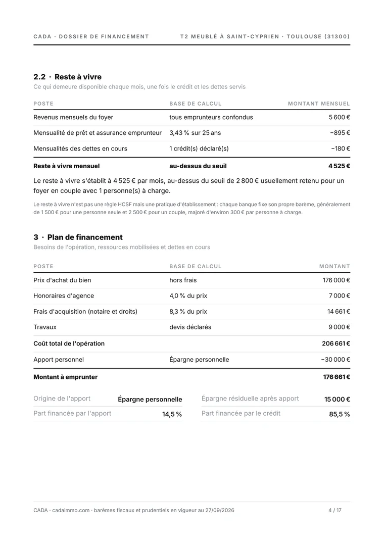 Page du reste à vivre et du plan de financement : revenus du foyer, mensualités, coût de l'opération et apport.
