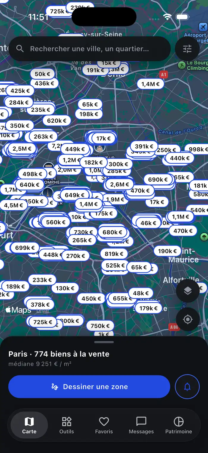 L'application CADA : la carte des biens à vendre à Paris, chaque bien portant son prix, et le prix médian au mètre carré de la commune.