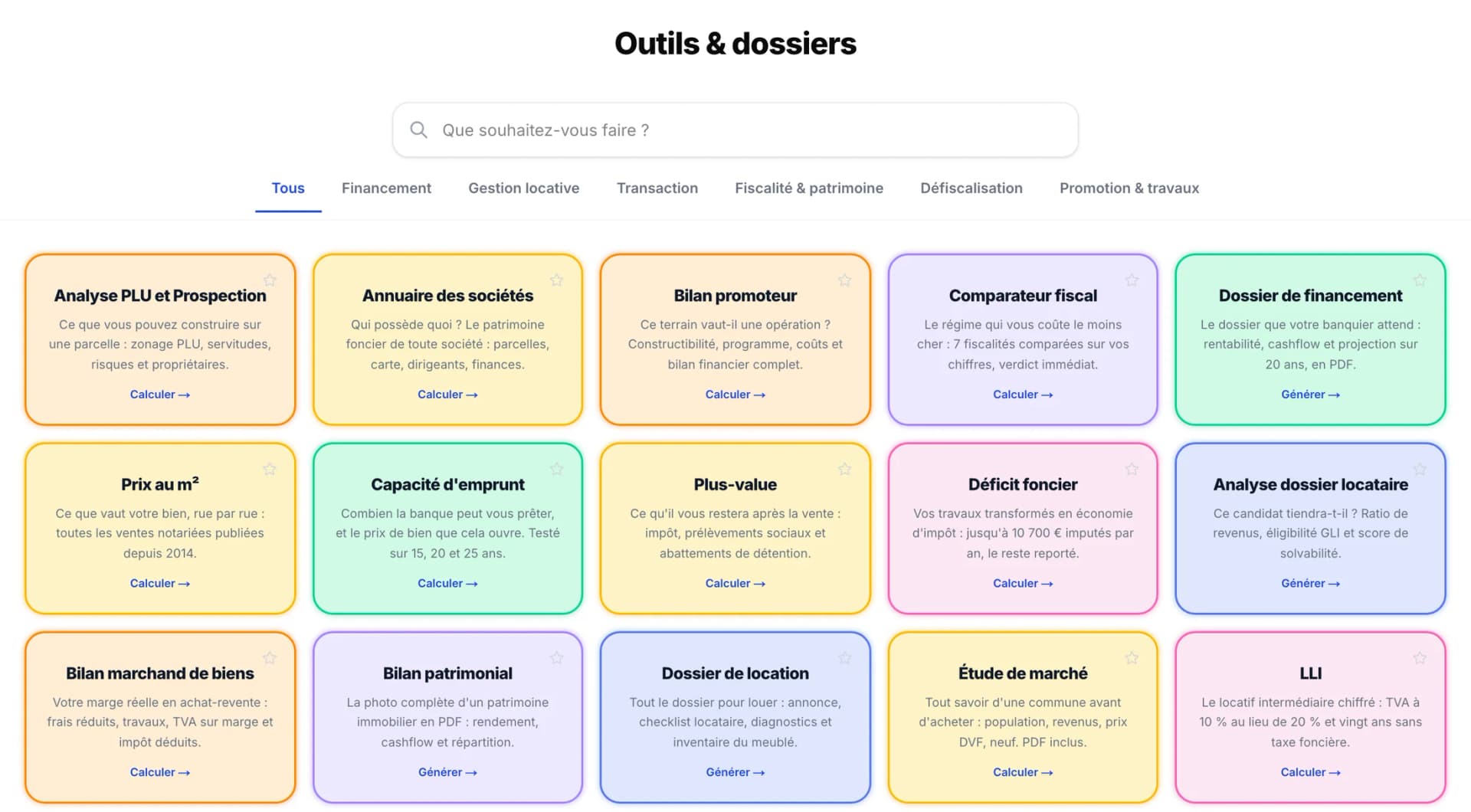 La page Outils et dossiers : la recherche, les familles et les quinze premiers outils, de l'Analyse PLU au dispositif LLI.
