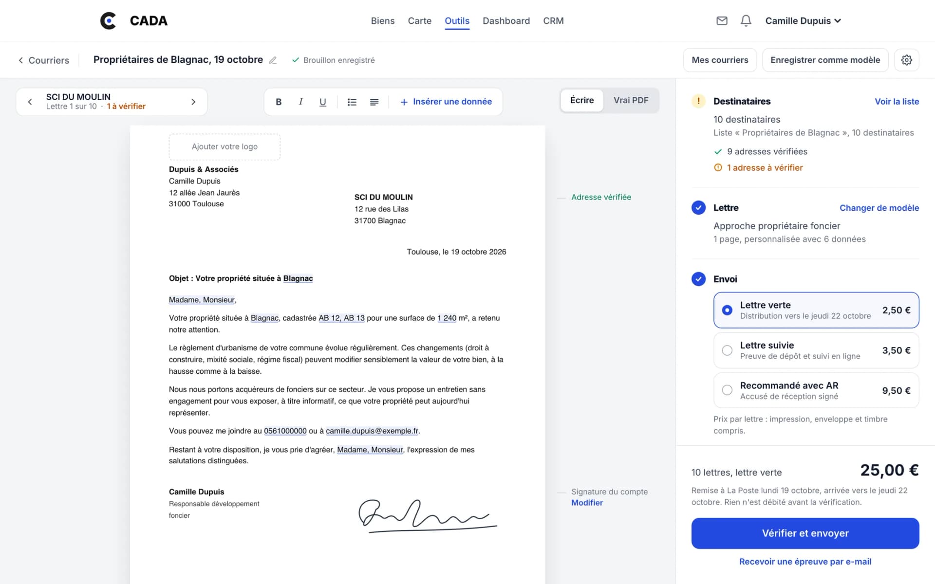 L'éditeur du Publipostage : la lettre « Approche propriétaire foncier » adressée à SCI DU MOULIN, complétée avec la commune, les parcelles et la surface du terrain, dix destinataires dont neuf adresses vérifiées, la lettre verte à 2,50 € et 25,00 € pour les dix lettres.