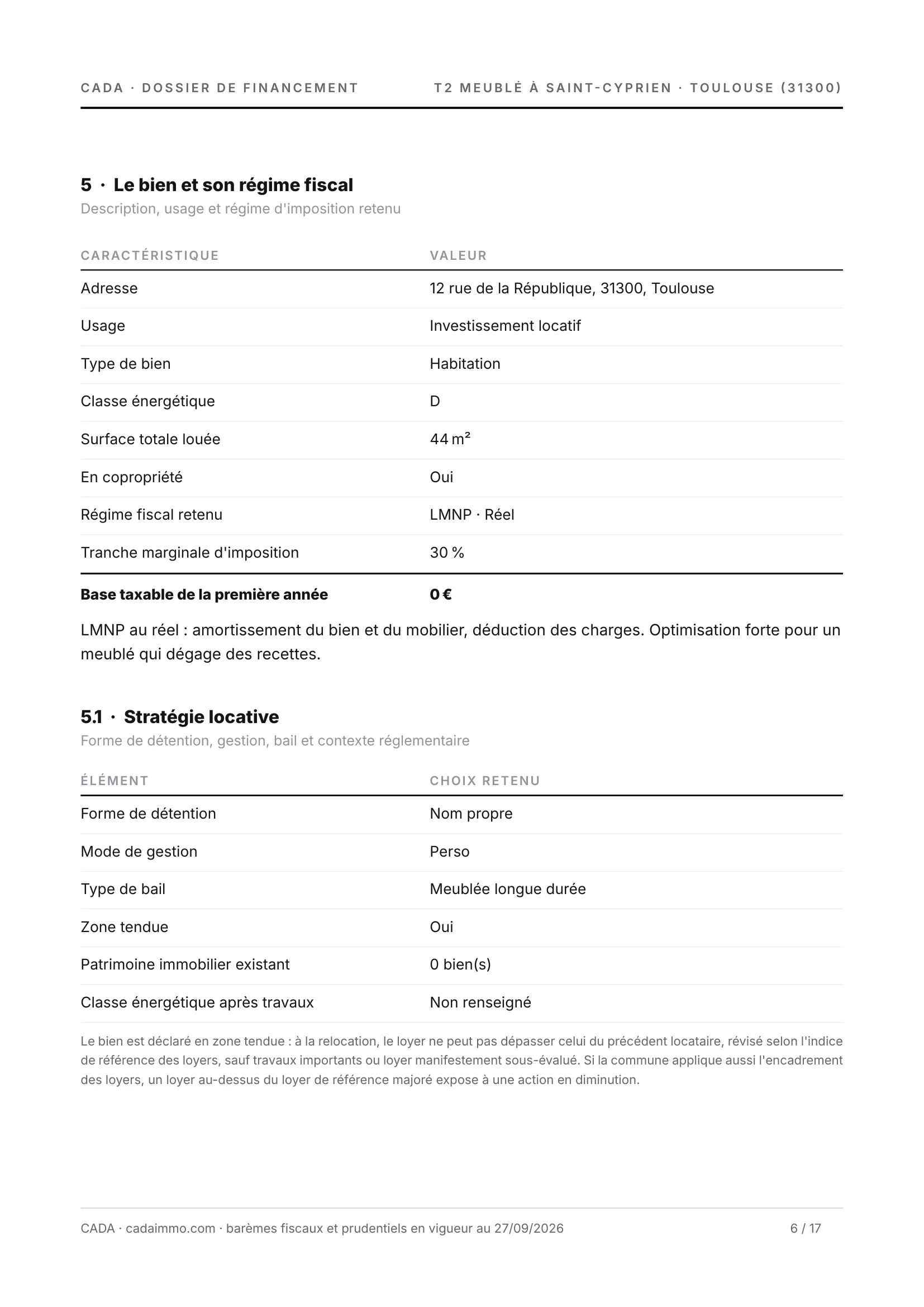 Page 6 du dossier : le bien et son régime fiscal.