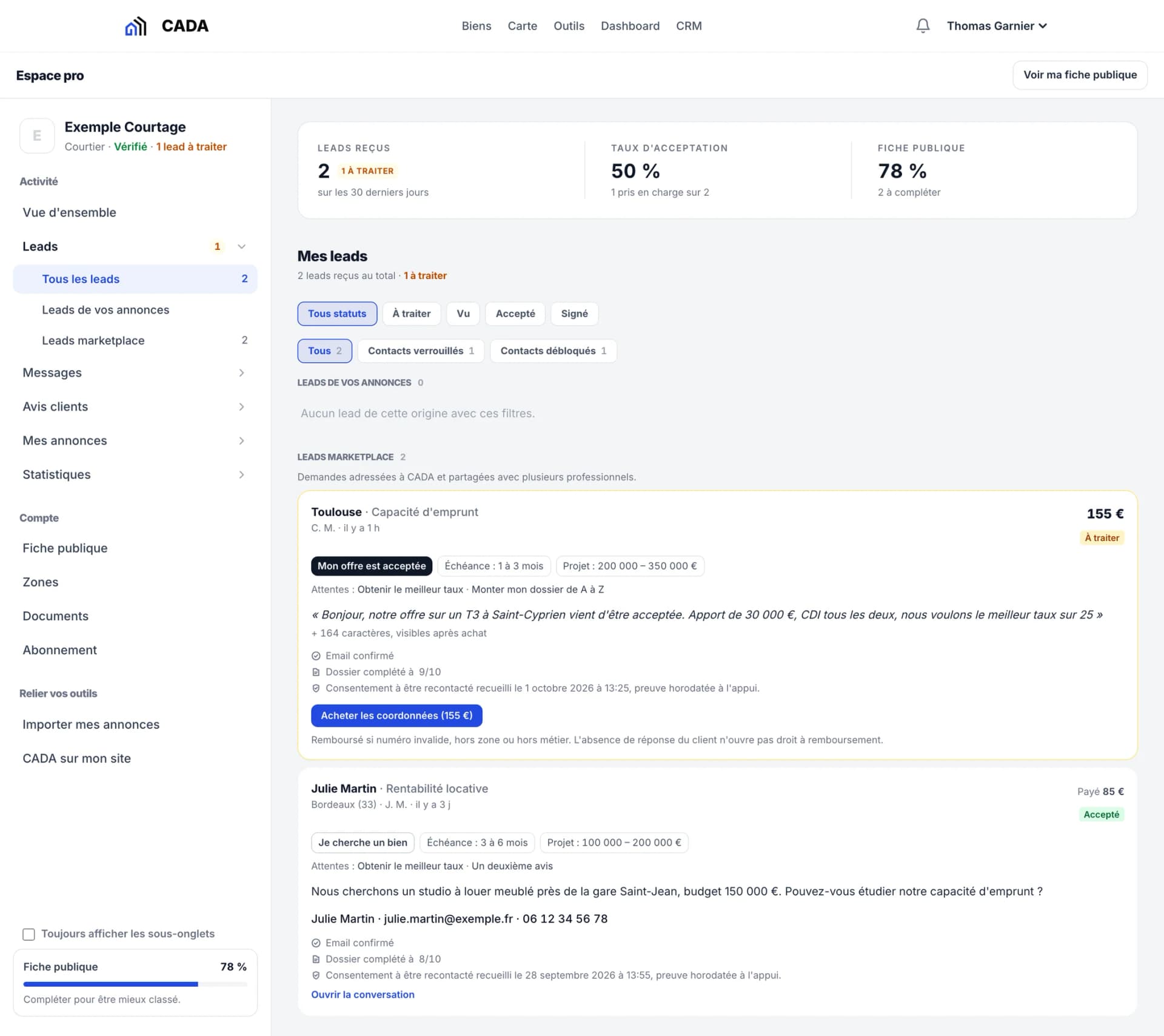 L'espace pro, onglet Leads : une demande à Toulouse encore verrouillée (offre acceptée, projet de 200 000 à 350 000 €, début du message, dossier complété à 9 sur 10, 155 € avant achat) et une demande achetée à Bordeaux, avec les coordonnées de la cliente et la conversation.